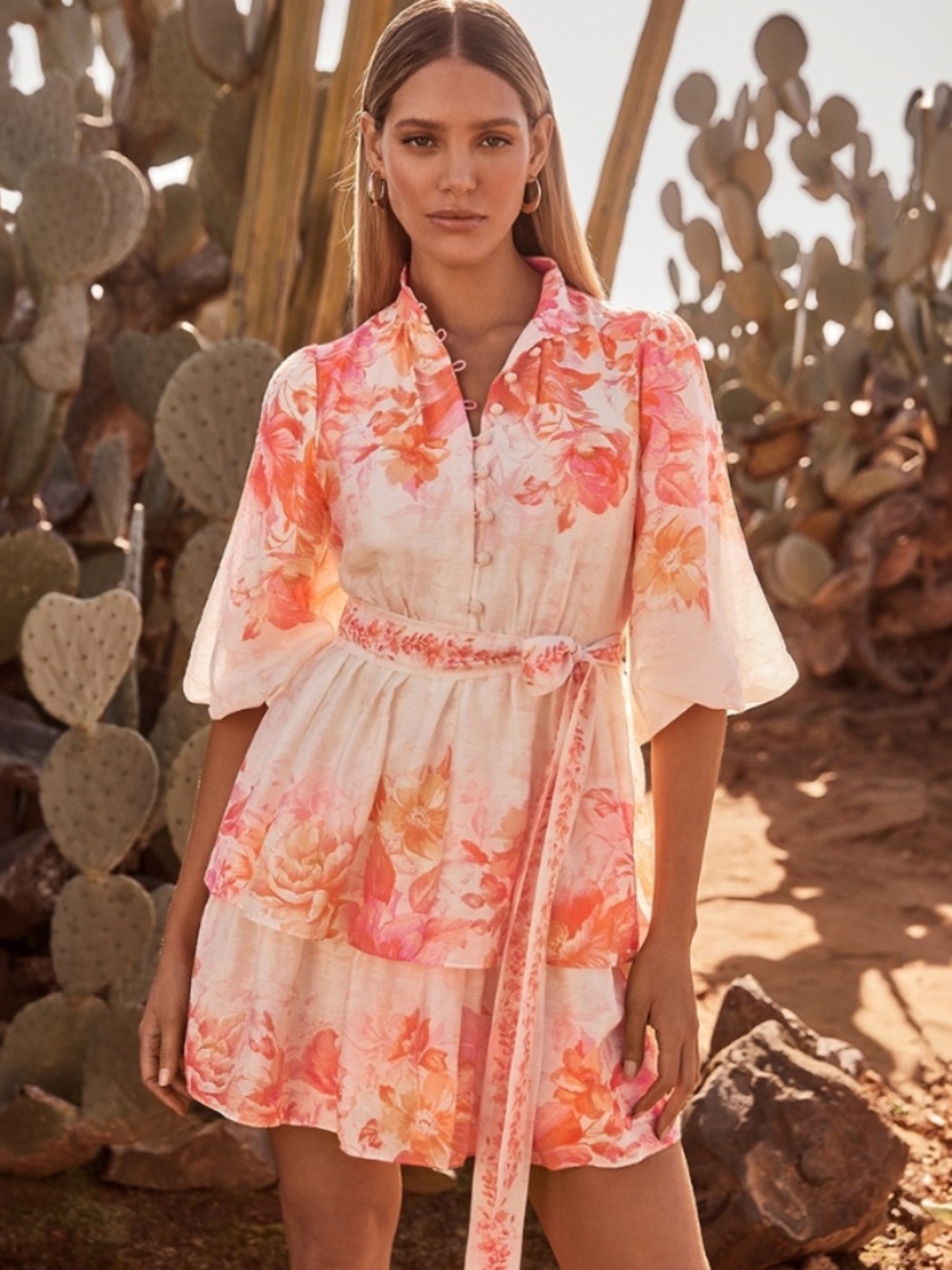 Ever New Linen & Lyocell Floral mini dress Peach pink orange